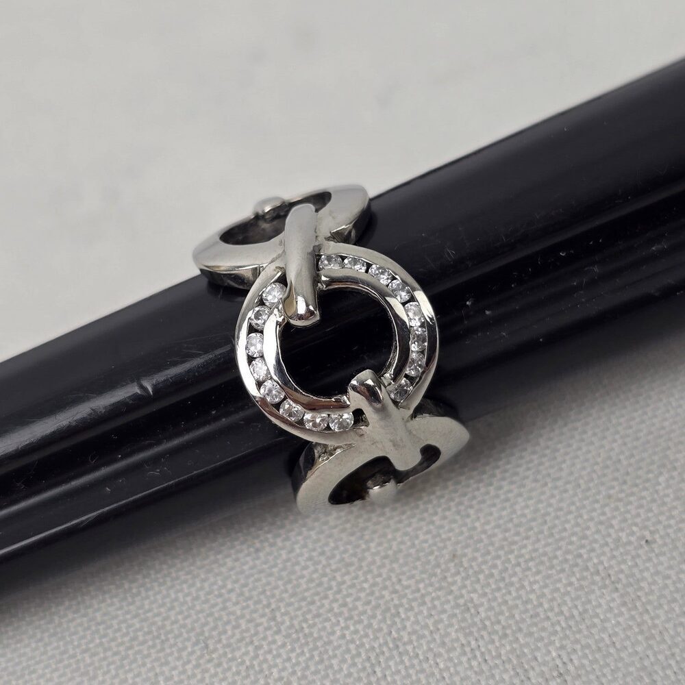 Steel X Silver Crystal Circle Ring Size 6